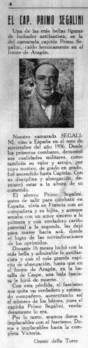 Figura 28. Reseña del fallecimiento de Primo Segalini en “Il voluntario della libertá”, nº 78, 12 maggio 1938. (RGASPI. F.545. Op.2. D.365). 